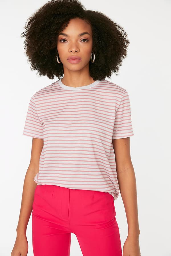 Trendyol T-shirt Randig Rund hals Standardärm Basic Beige XS