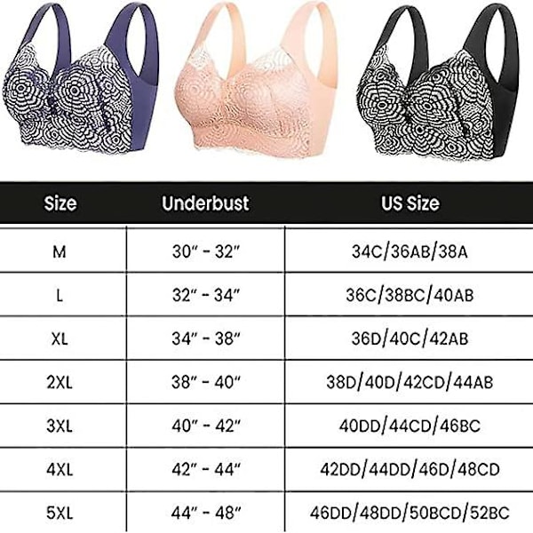 2st Lymfvitetsavgiftning och formning & kraftfull lyft-bh, sexig spetskomfort trådfri bh Black White 2XL