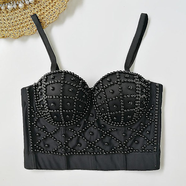 Utsökta pärlor Rhinestone Cropped Toppar Dam Bustier Vit Linne Rave Festival Club Party Topp Underkläder Camis black 38C