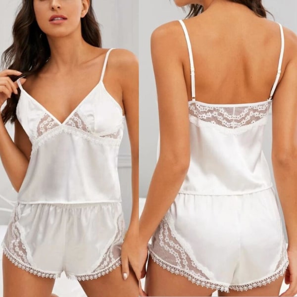 Satin Silk Pyjamas Dam Underkläder Underkläder Sovkläder Broderi Bandage fluga White S
