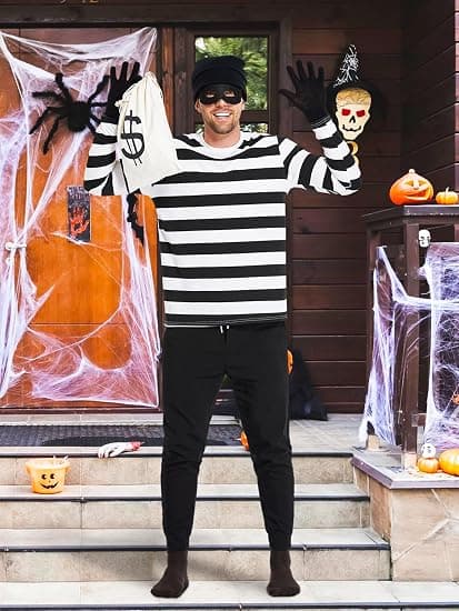 Halloween Rånarkostymset, Inkluderar Randig Långärmad T-shirt, Stickad Mössa, Handskar, Canvasväskor och Ögonmask