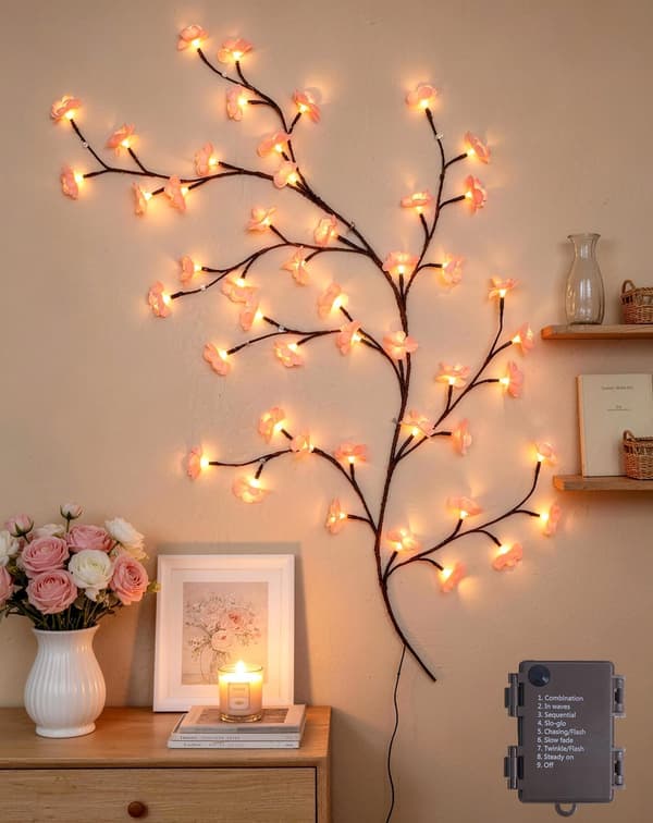 Kirsebærblomstlys for soveromsinnredning, 1,2 m 48 LED-blomsterlys