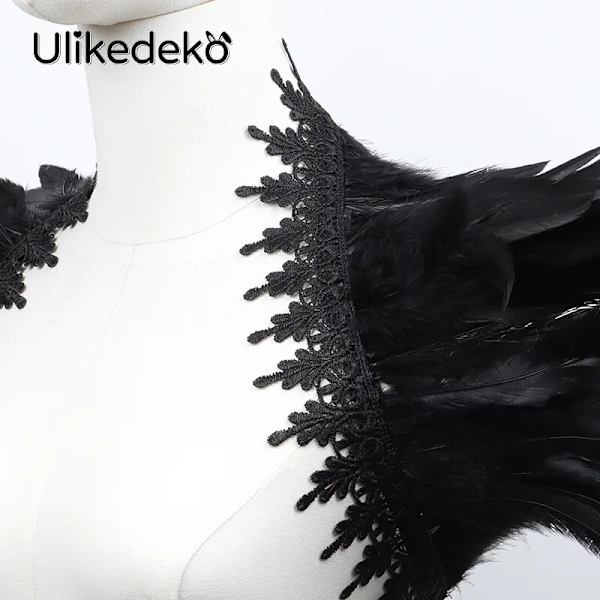 Sexig svart spetsfjädersjal för kvinnor cosplay halloween fjäder axelomslag fjäder falsk krage gotisk punk dam halsdukar Black