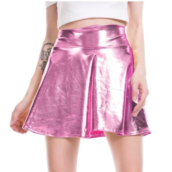 Minikjol i PU-läder för kvinnor Plisserad kjol Nattklubb pink L