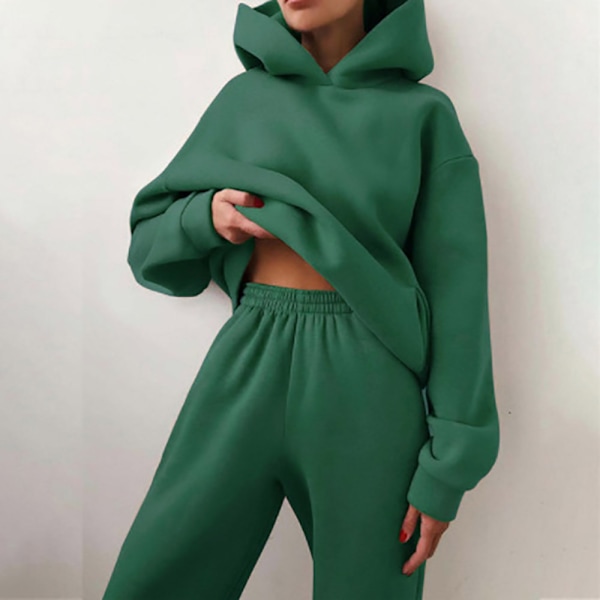 Dam höst/vinter hoodie set, enfärgad, casual mode, sportbyxor med fleece hoodie set blackish green L