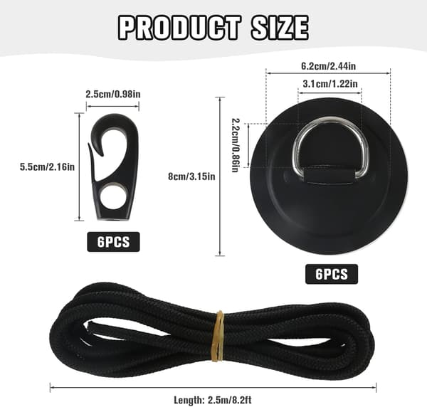 6 stk. D-ringe i rustfrit stål PVC-lap, 2,5 m Bungee-snor med kroge Dækriggesæt til oppustelig båd Kajak Jolle SUP Dæk Stand up Tilbehør