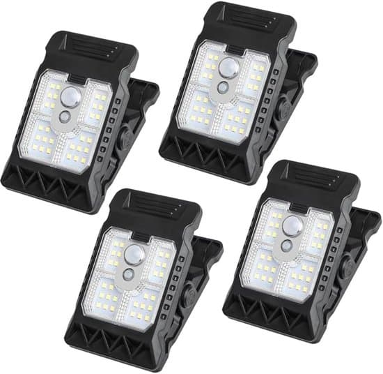 Clip-on lys - Sæt med 4 - Solarsensorlys - Bærbart - Udendørs LED-lys - Ideelt til camping Justerbart clip-on LED-lys til haver og garager