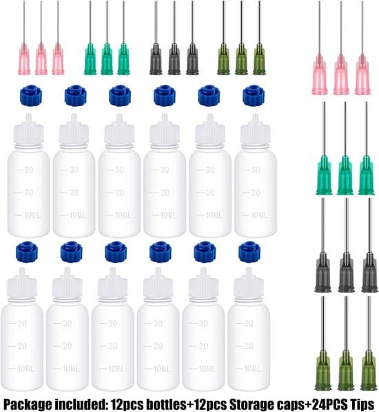 30 ml doseringsflaskset - 12 st med nålspets och lock - Ultrafin limapplikator - Påfyllningsbara limflaskor - Doseringsflaska - Limtuber