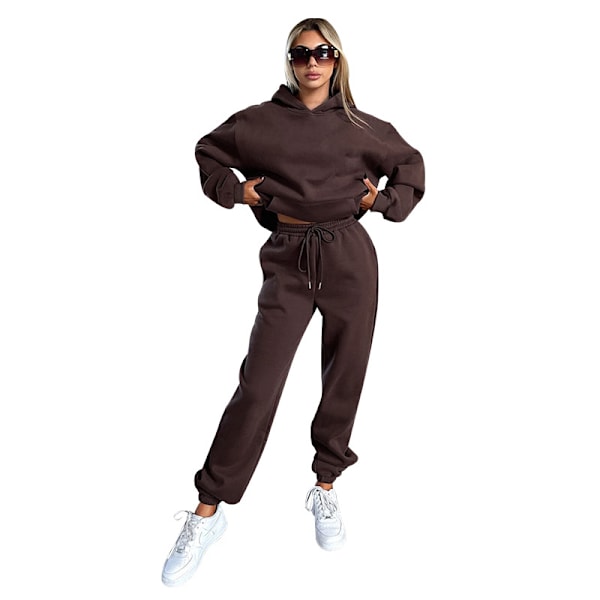 2024 Höst/Vinter Ny Europeisk och Amerikansk Enfärgad Långärmad Hoodie med Sammet, Dammode Casual Byxor Set coffee XL