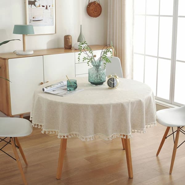 Beige rund duk 150 cm vaskbar linbomullsduk krøllfri KLB