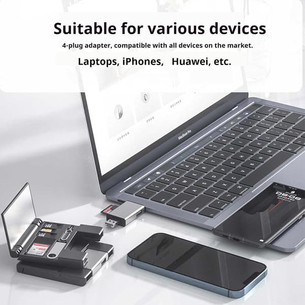 Multi SD-kortläsare 7-i-1 Lightning/USB-C/USB-A-adapter för iPhone/Android/PC/Mac, stöder TF/MS/XD-kort och OTG för foto-/videoöverföring Levereras med