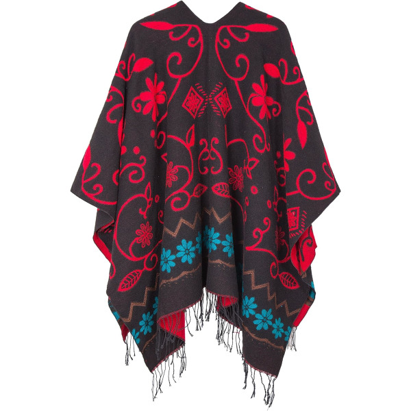 Vintage mönster tofs Poncho kvinnors retro stil sjal Cape