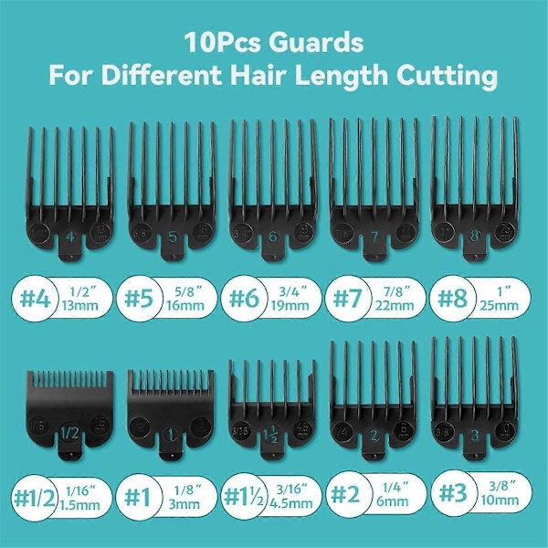 10-pack Klippskydd Set för de flesta klippmaskiner och FX870 Klippguider Ersättning - 1/16 tum till 1 tum Black