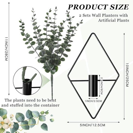 Sæt med sorte hængeplanter - 4 metaldele med kunstig eukalyptus - Geometrisk boho-design - Velegnet til stue, kontor og badeværelse - 1 sæt