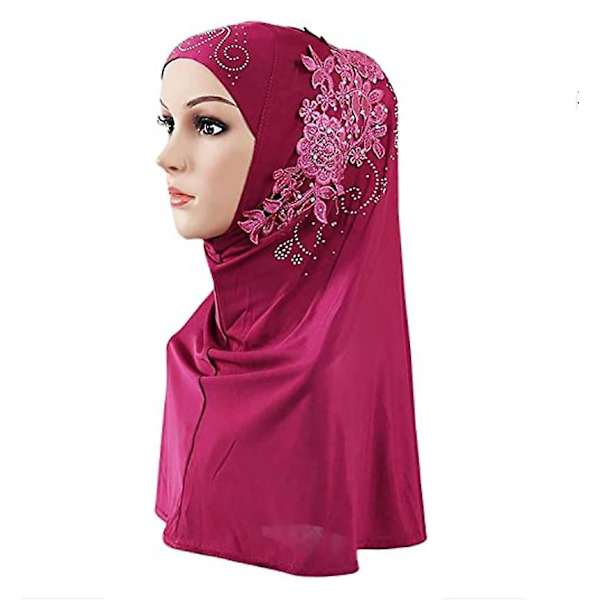 Dam Is Silk Muslim Hijab Spets Applikation Head Wrap Sjal med Strass Red