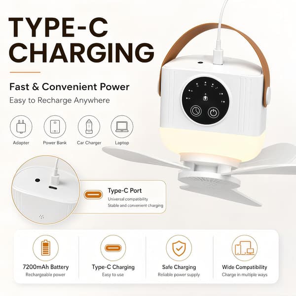 Bærbar campingventilator med LED-lys, 7200mAh genopladeligt batteri, 4 hastigheder, timer, loftventilator til camping, telt, soveværelse (hvid)