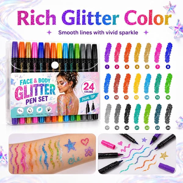 24 värin glittertussisetti kaksoiskärjillä, juhla-meikki