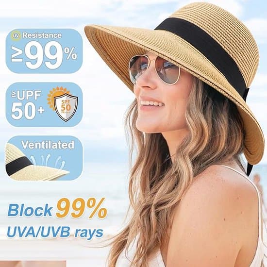 Solhat - Damesolhat - Solhat med sløjfe til damer - Bred skygge - Sammenfoldelig strandhat til sommer - Stråhat med bred skygge og sløjfe - Khaki