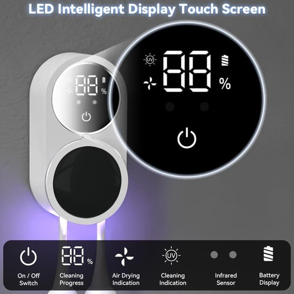 Automatisk tandbørsteholder til badeværelset, vægmonteret organizer med smart sensor, passer til de fleste elektriske/manuelle tandbørster, LED-display
