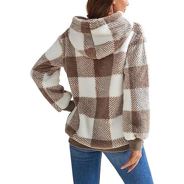 Hoodie i överdimensionerad lammull med fickor, fleecetröja Tie-dye Puffy Coat (khaki rutig) XL