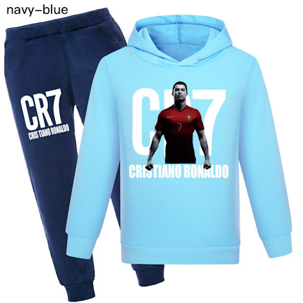 CR7 Ronaldo Pojkars Träningsoverall Fotboll Hoodie Sweatshirt Topp + Byxor Outfit Light Blue02 110cm