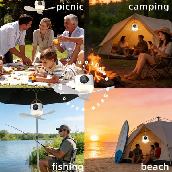 Bærbar campingventilator med LED-lys, 7200mAh genopladeligt batteri, 4 hastigheder, timer, loftventilator til camping, telt, soveværelse (hvid)