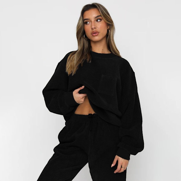 Höst och vinter ny korduroy enfärgad rund hals pullover långärmad tvådelad fashionabla långbyxor set för kvinnor black L