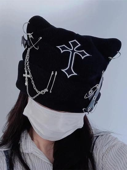 Goth Kattebeanie Heklet Lue Emo Tilbehør Gotisk Lue Dame Y2k Klær Goth Tilbehør