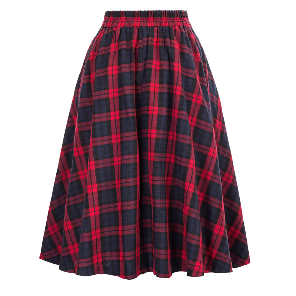 Kvinnors rutigt ullkjolar A-line Tartan långa kjolar Red XL