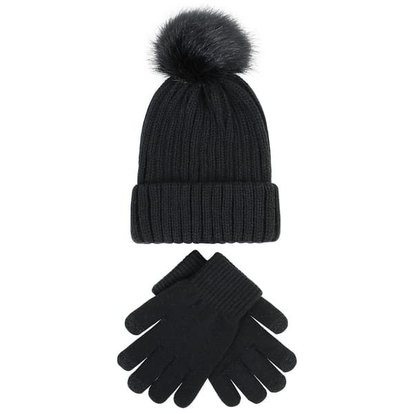 2-delad kvinna stickad mössa + handskar set utomhus varm pekskärm black