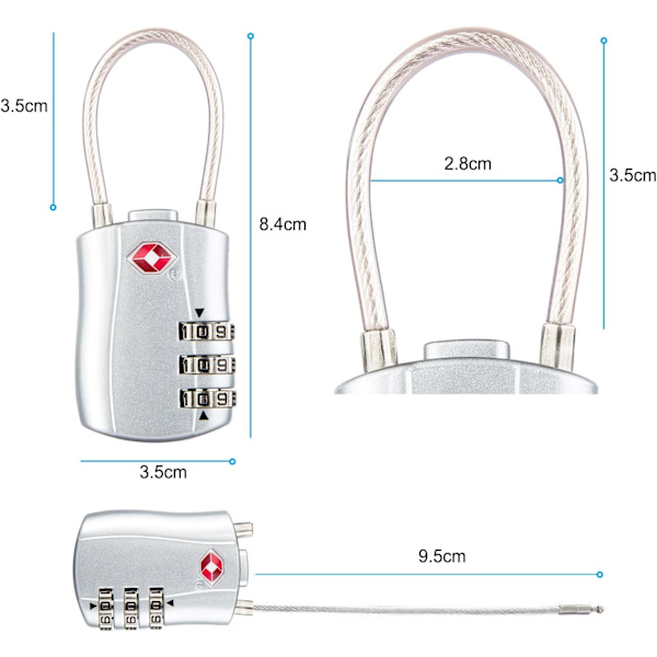 2-pack 3-siffriga kombinationslås för säkerhet på resväskor (silver)