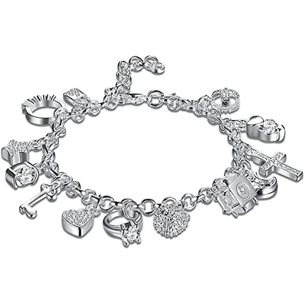 Armband 925 Sterling Silver Armband Med Flera Berlocker Zirkon Armband För Kvinnor Fest Berlock Smycken Present