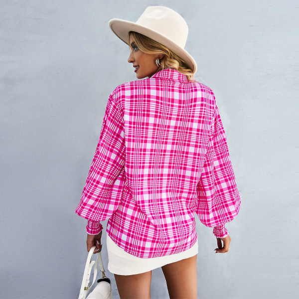 Damskjorta med printed färg 2023 vår och höst Långärmad mode allt topp Pink XL