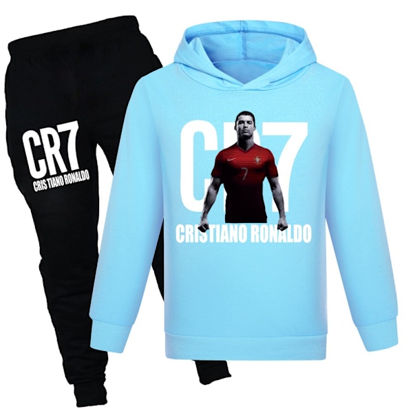 CR7 Ronaldo Pojkars Träningsoverall Fotboll Hoodie Sweatshirt Topp + Byxor Outfit Light Blue01 110cm