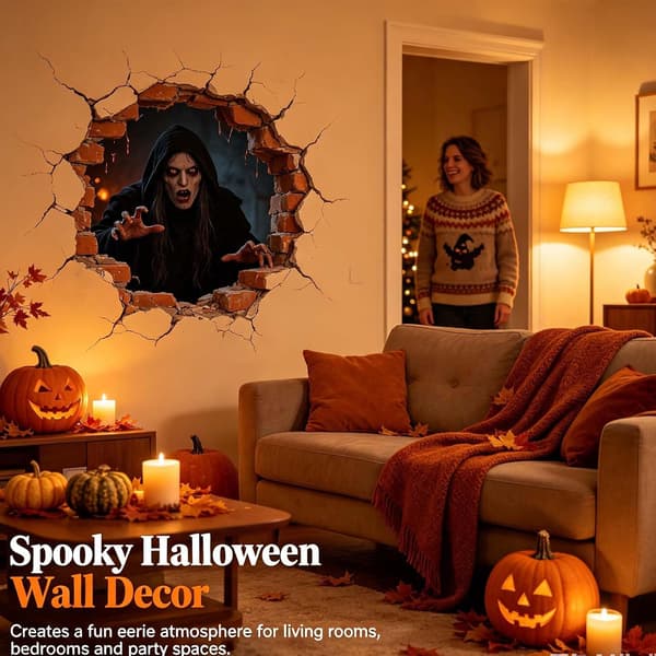 Halloween Innbrudd 3D Veggdekaler, Halloween Knust 3D Veggdekaler Hekseinvasjon Witch