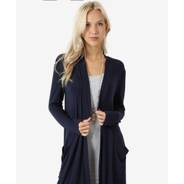 Långärmad Slouchy Cardigan för kvinnor med öppen front draperad med fickor mellan längd+ dark blue L