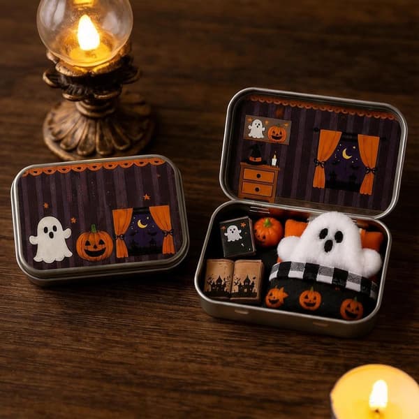 Halloween Mini Ghost Tasku Tin Box Set, Adopt A Ghost Pehmonukke