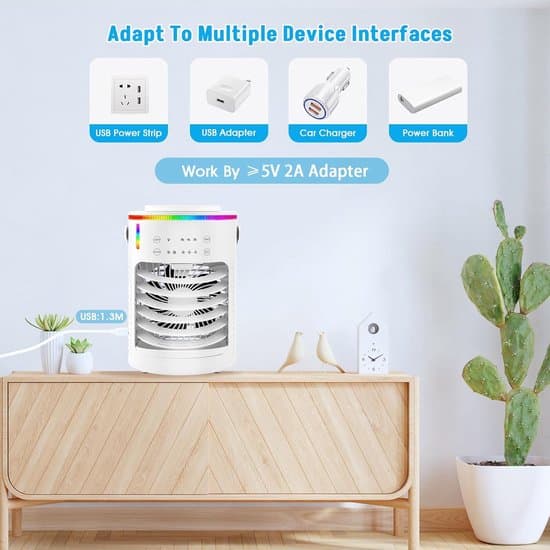 Vand- eller isluftkøler med køleelementer - 3 hastigheder og fordampningskøling - LED-belysning i 7 farver - 2-8 timers timer - med luftfugter
