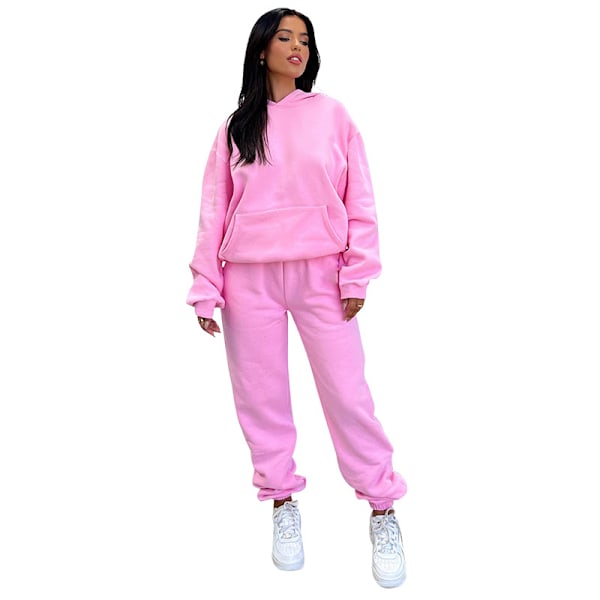 2024 Höst/Vinter Ny Europeisk och Amerikansk Enfärgad Långärmad Hoodie med Sammet, Dammode Casual Byxor Set Pink XXL