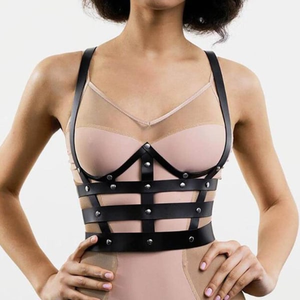 Svart Layered Läder BH Strap Body Chain Punk Sele