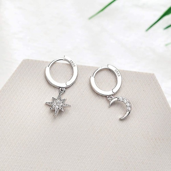 Kvinnors hänge Small Hoop Örhängen Flickor Sterling Silver Charm Kristall Asymmetrisk Snowflake Crescent Pendant