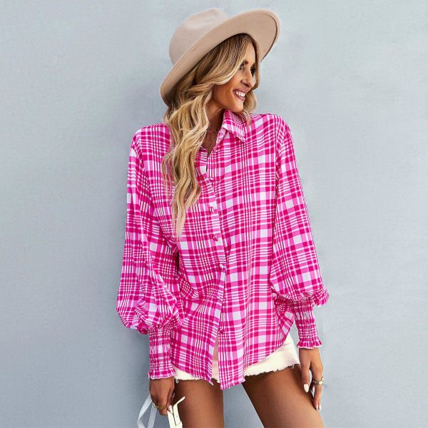 Damskjorta med printed färg 2023 vår och höst Långärmad mode allt topp Pink XL