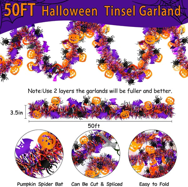 15 meter Halloween guirlande med orange græskar, sort edderkop, lilla flagermus