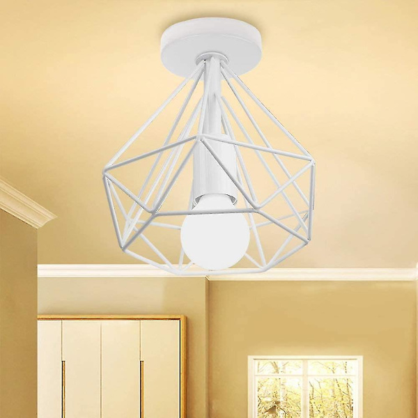 Industriell retro metall led taklampa E27 Rhombus bur 25cm för matsal, bar, sovrum, kök och vardagsrum (set med 2 vita)