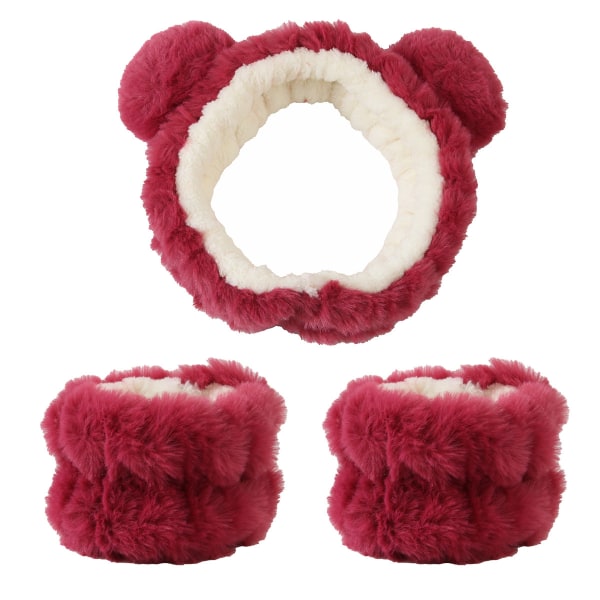 Strawberry bear plush headband 3-piece waterproof wrist band set Girls face wash headband