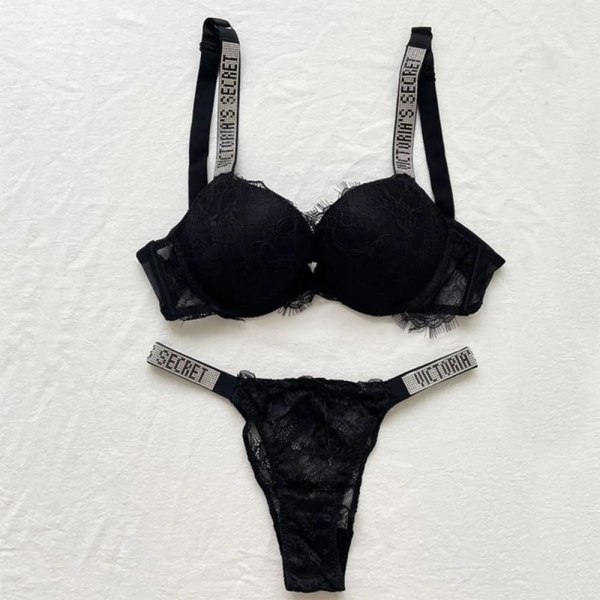 Sexy Lingerie Comfort Women Set Push Up Bra Victoria's Secret Lingerie Set Female   Underwear Vetement Femme Lace black 75B