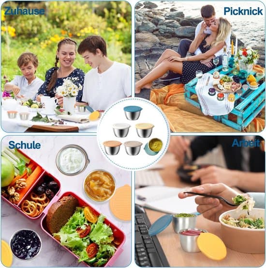 6-pack dippskålar i rostfritt stål, minicontainrar med lock – 80 ml salladsdressingbehållare för såser, dipp, snacks och kryddor (resevänliga)