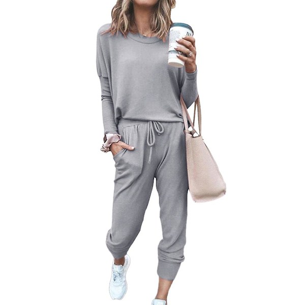 Kvinnor Casual Enkla kläder T-shirt Toppar + Dragsko Elastisk midja Jogging Träningsbyxor Byxor oungewear Set Light Gray L