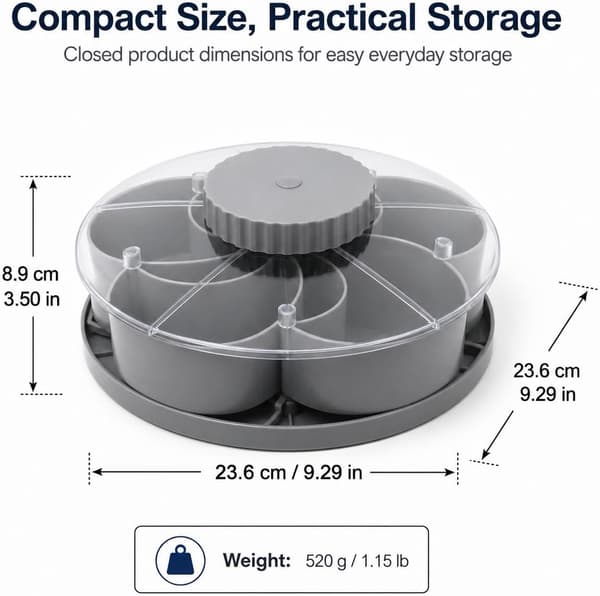 Delt serveringsfat som snurrer, roterende Lazy Susan-organisator, grå, blomsterdesign