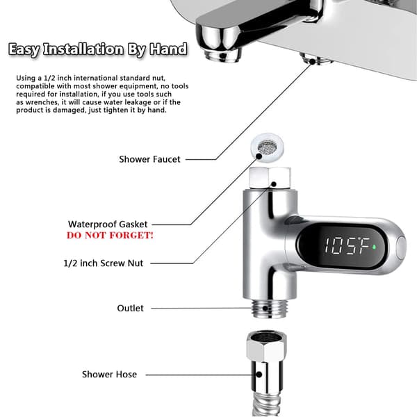 Digitalt dusjtermometer med lyssterk LED-skjerm – Babydusjtermometer, dusjhodeholder, øyeblikkelig avlesning Fahrenheit/Celsius termometer